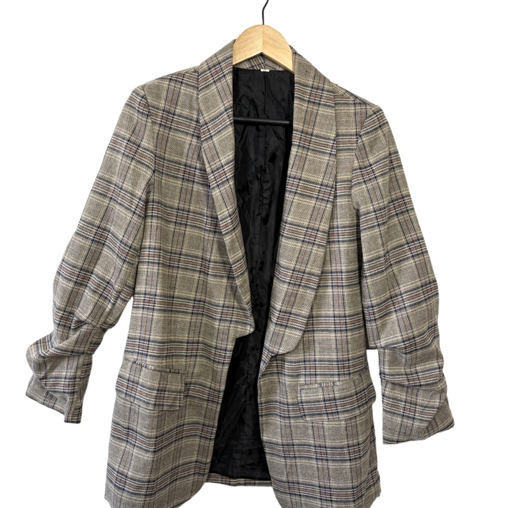 SHEIN Plaid Open Front Blazer Jacket Size Small Neutral Check